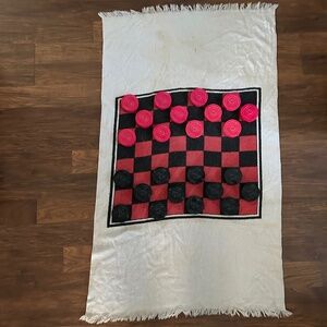 Vintage 1970s Jumbo Checkers Game Rug Frayed Edges Black Red Floor Play